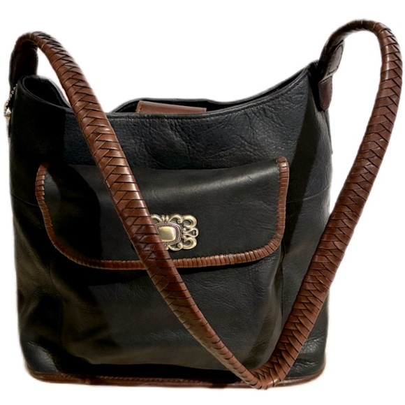 Vintage Y2K 90s FOSSIL Black Leather Western Shoulder Bag Purse Rope Woven Strap - Picture 1 of 11